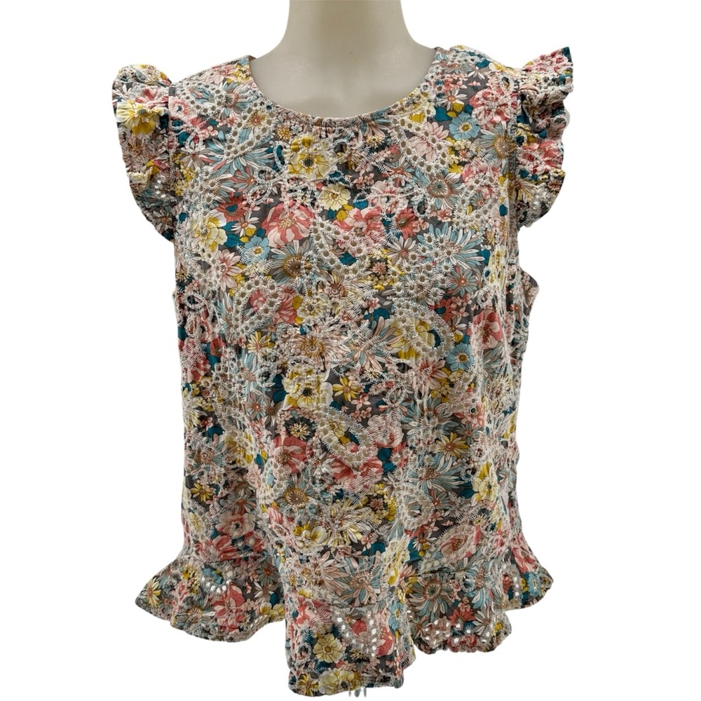 Solitaire Embroidered M Pink Yellow Flutter Sleeve Ruffled Blouse colorful boho
